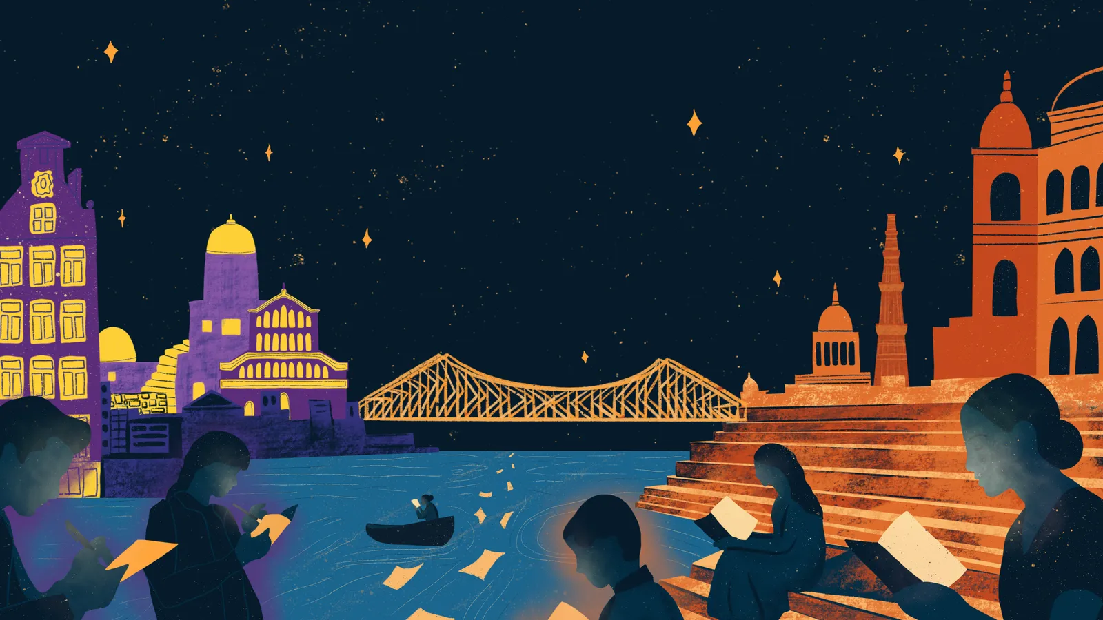 Festival artwork by Suha Riyaz Khopatkar: Kolkata, Delhi and Varanasi at night, with readers by the river