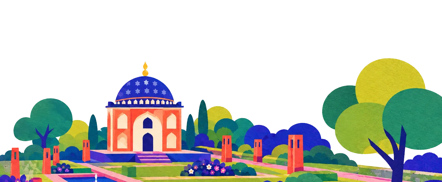The festival artwork: a domed garden tomb among trees, fountains and flowers